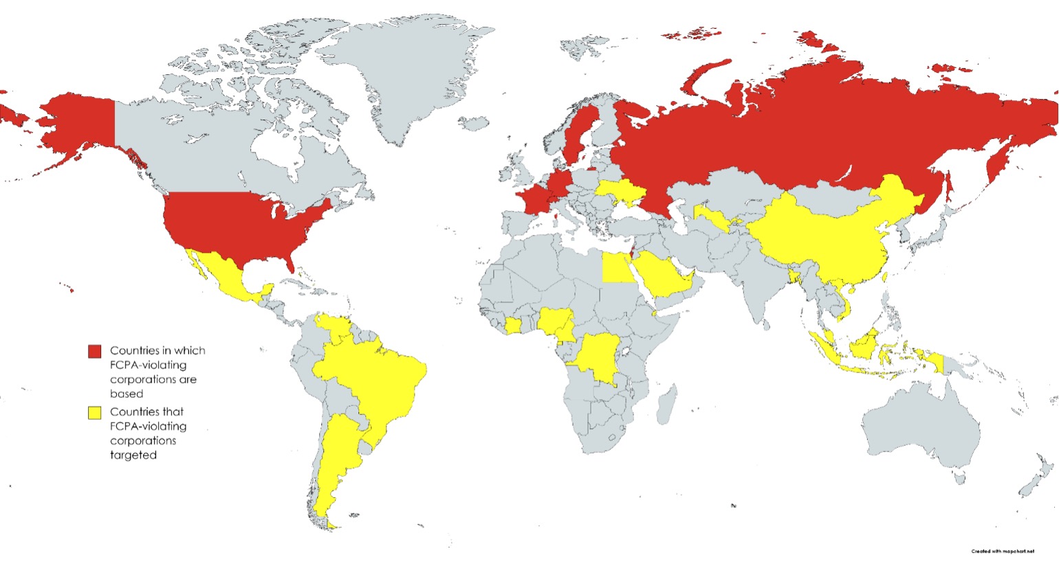 Global map showing counties with FCPA-violating corporations vs countries that were targeted by FCPA-violating corporations.